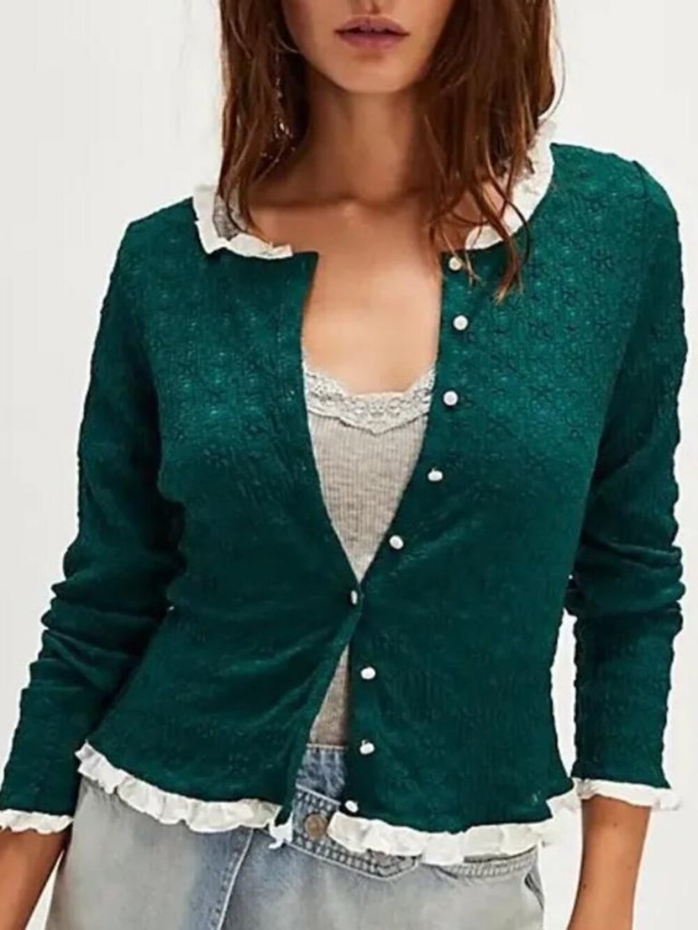 Free People Blackbird green cardigan sweater white ruffle textured button up S